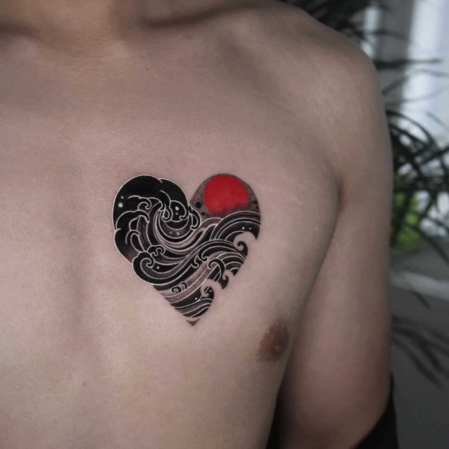 Black Waves Tattooed With Red Ink Sun