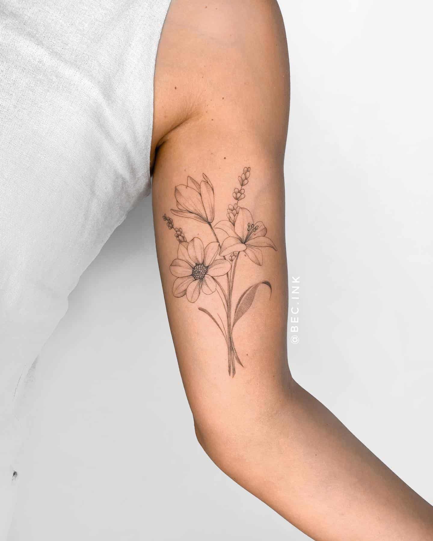 Black and Grey Spot Shading Flower Tattoo