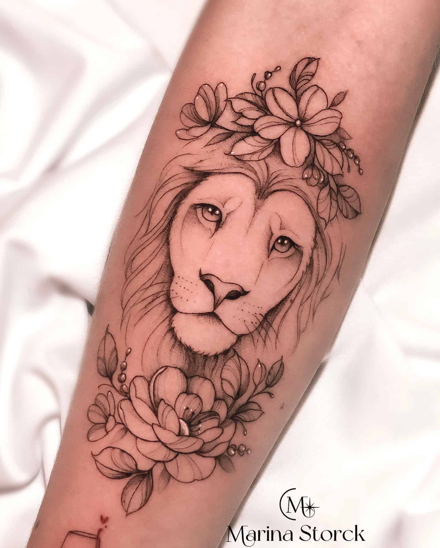 Lion And Peony Tattoo Design for Feminine Lion Tattoo Sketch - Inspire  Uplift