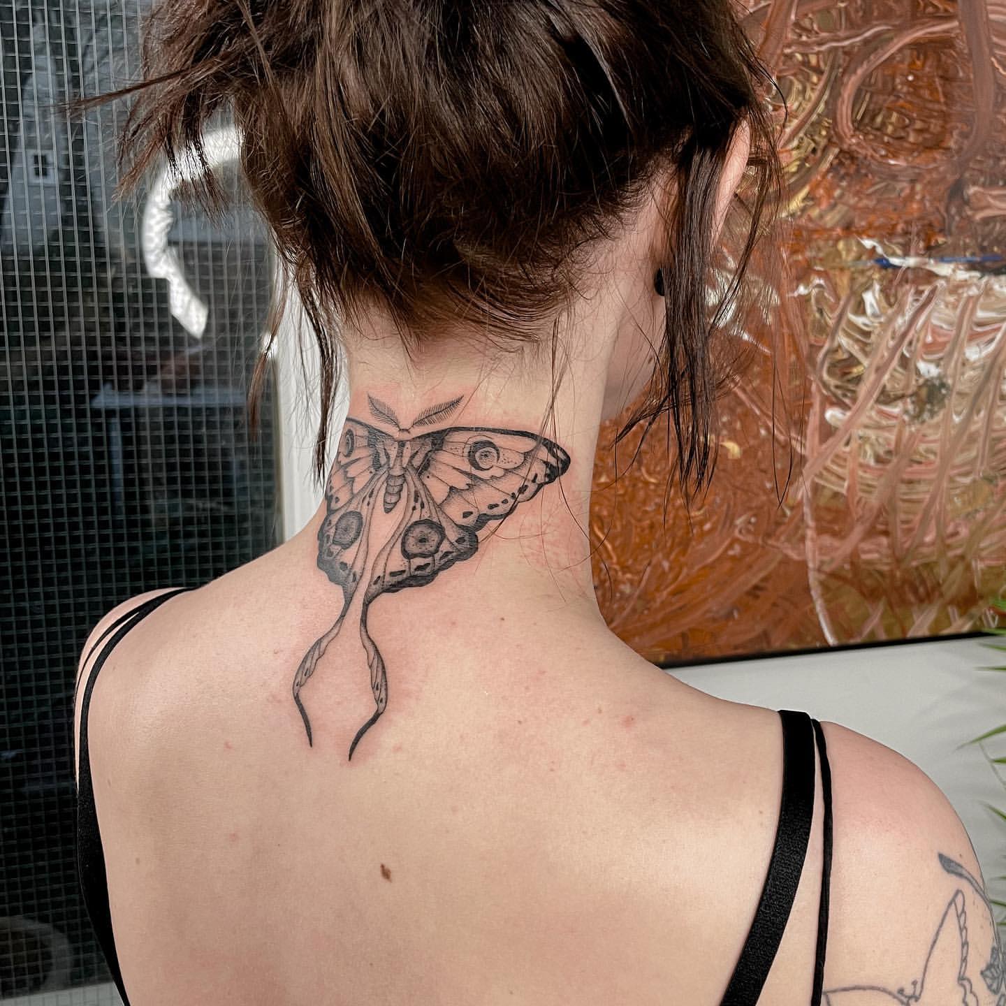 Tattoo uploaded by Vale Lovette  Butterfly neck tattoo by Vale Lovette  ValeLovette color neotraditional Artnouveau butterfly wings pattern  necktattoo ornamental  Tattoodo
