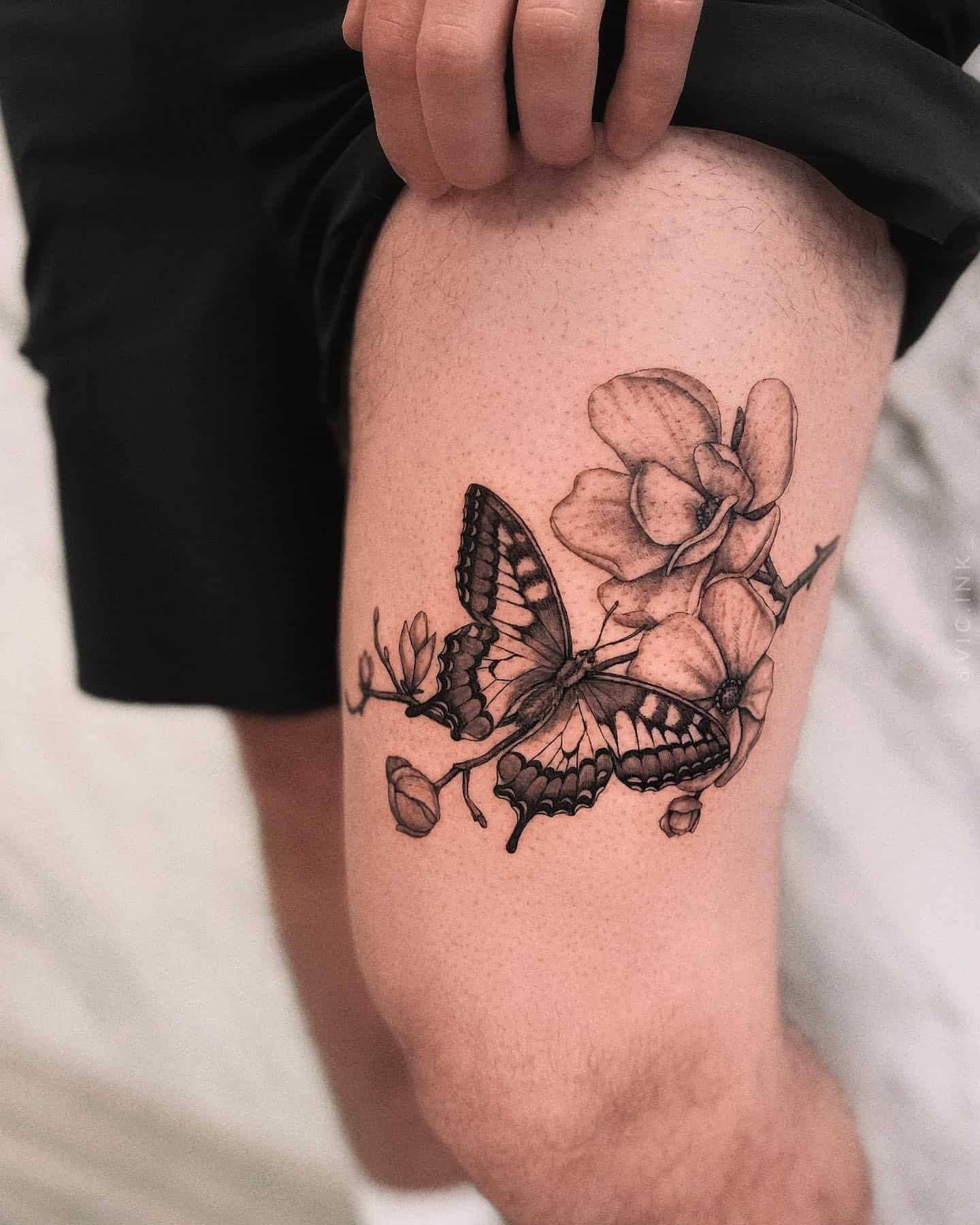 Redemption Tattoo Studio  Rose and butterflies on the thigh by  damontattoos today For all your beautiful realism Rose needs Damon is  your guy DM us to get a quote or to