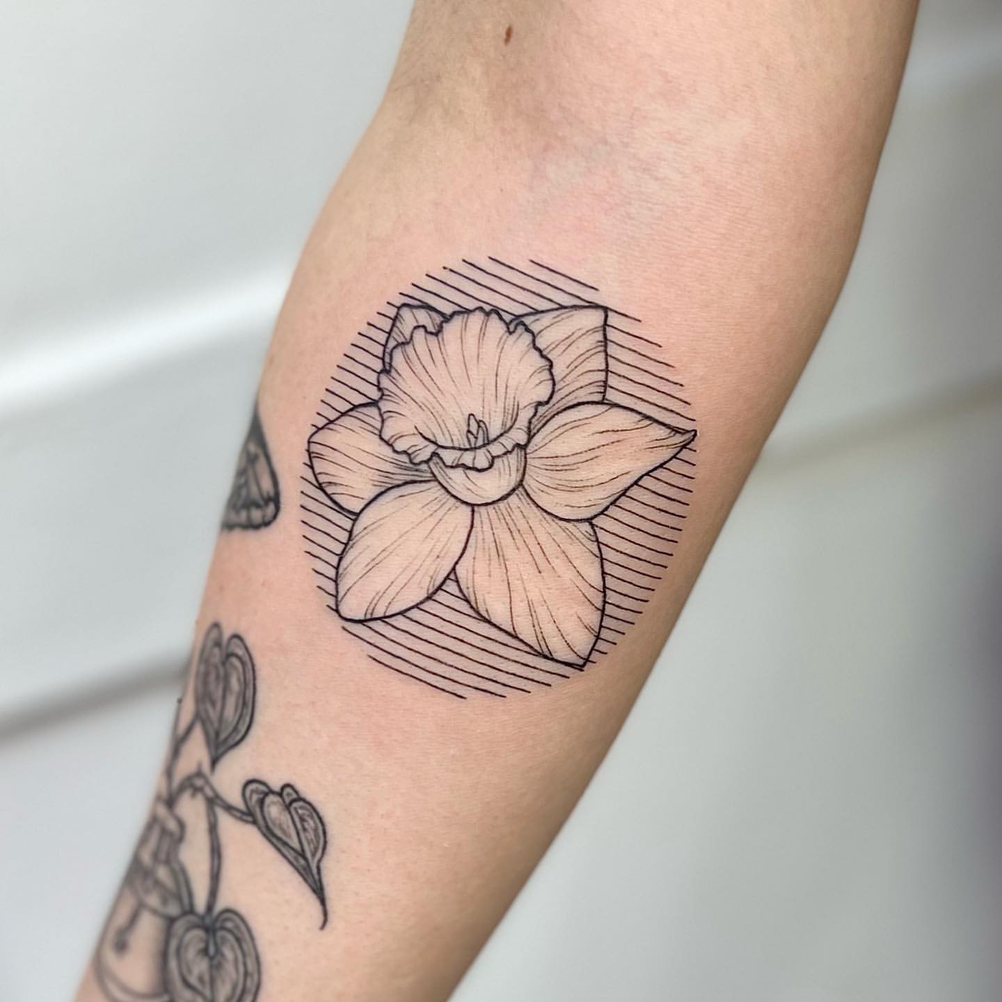 Fine line narcissus flower tattoo on the upper arm
