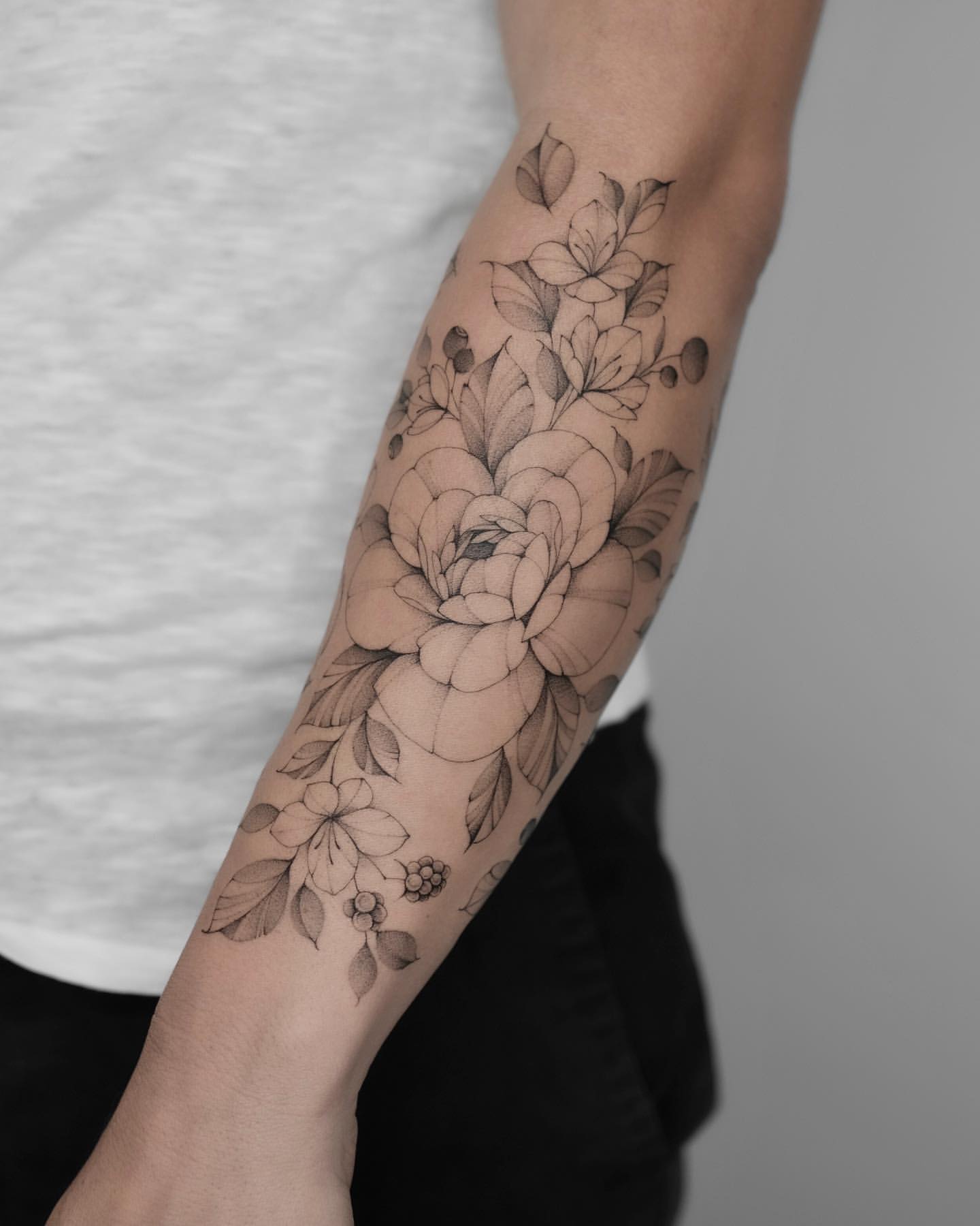 Tattoos by Audi  Tattoos  Flower  Black and grey peony shoulder tattoo