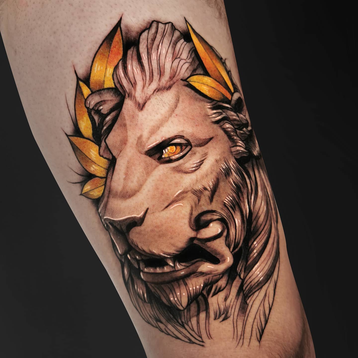 arms with tattoo designs including prominent lion
