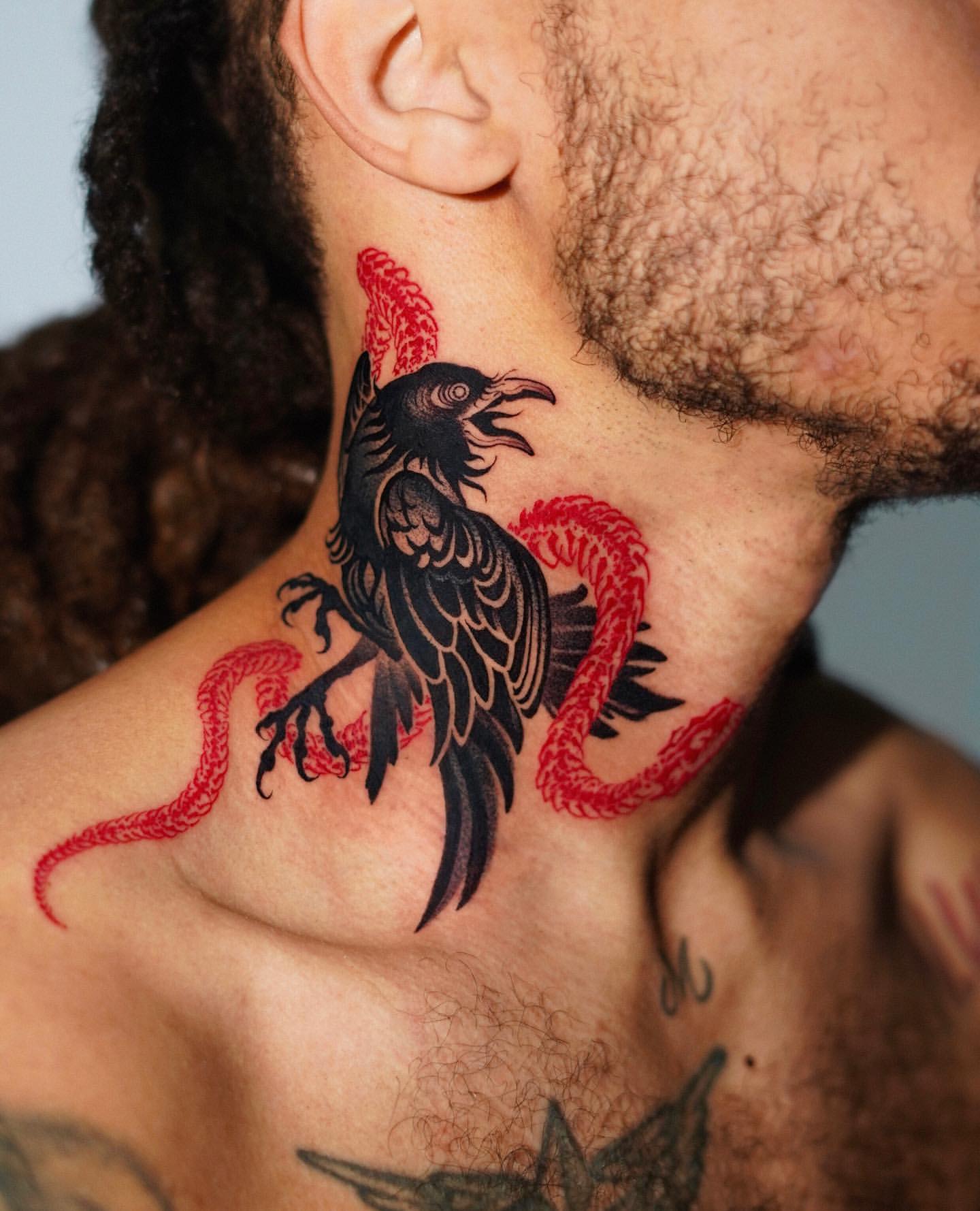 Cool Two Flying Birds With Roses Tattoo On Man Right Side Neck
