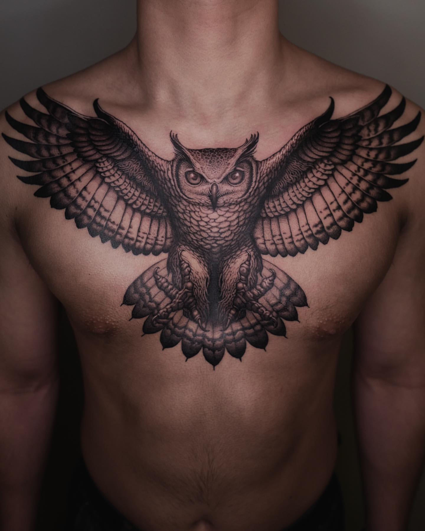 Chest owl tattoo by Momori Tattoo | Post 14892