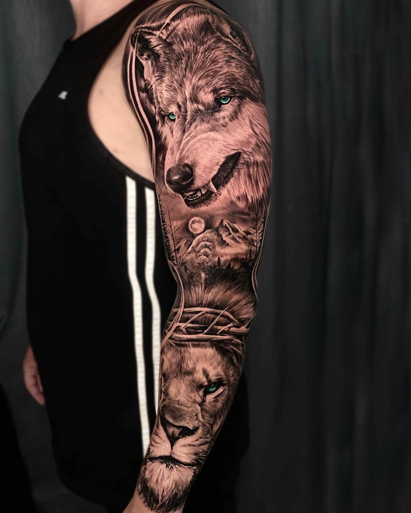 Unify Tattoo Company : Tattoos : Realistic : Black and Gray Wolf Half Sleeve  Tattoo