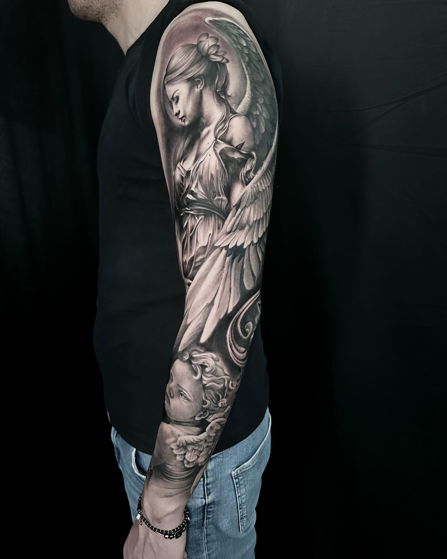 Angel and Rose forearm tattoo done in 1 session for my client @bkro10 .  Really enjoyed creating this tattoo, and would love to take on more… |  Instagram