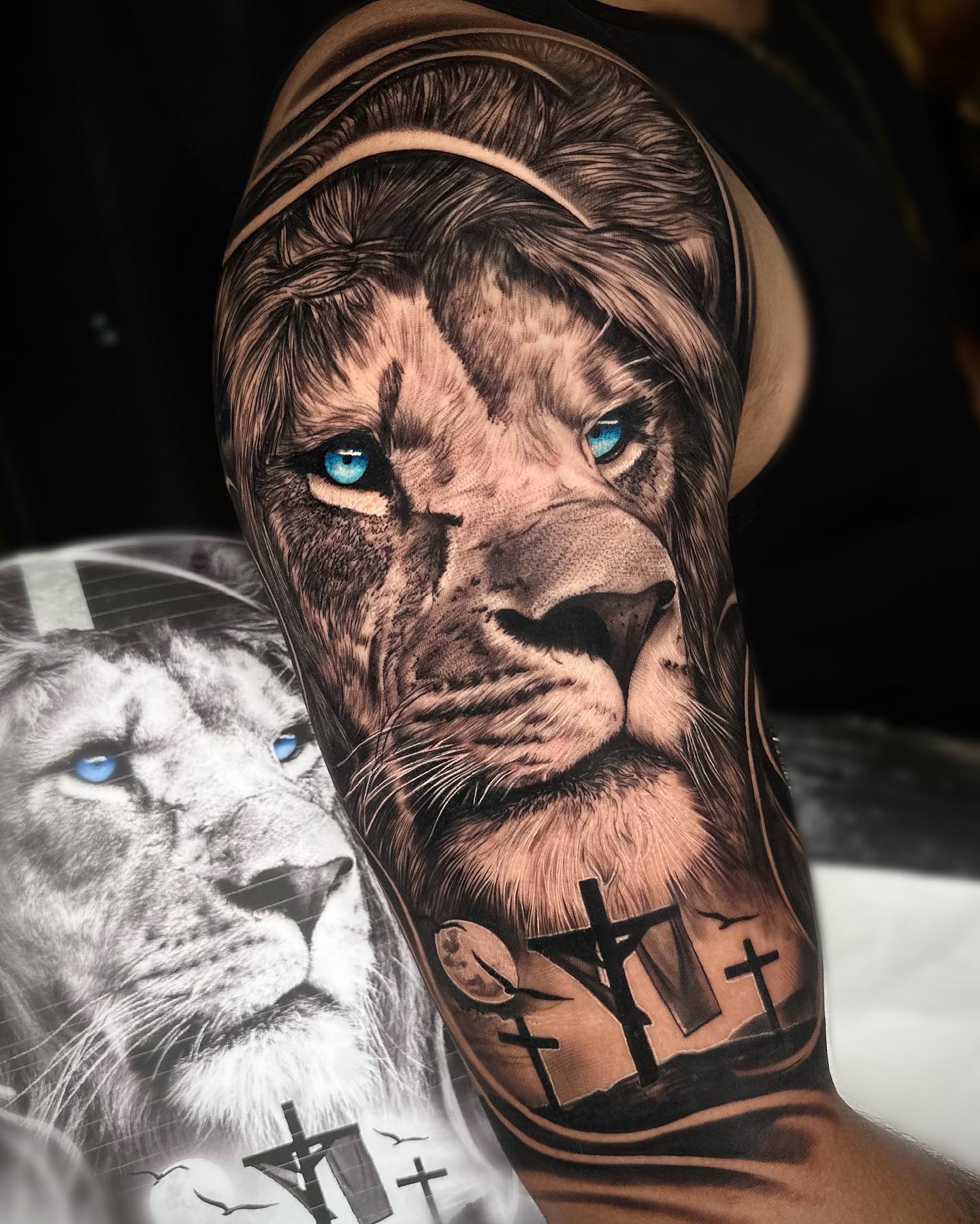 Tattoo uploaded by Trina • #leg #legsleeve #lion #animal #cat #scroll  #quote #words #blackonblack • Tattoodo