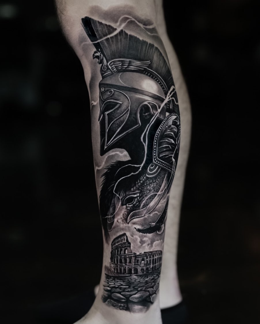 oldguychris:mixture-sleeve-blkgry-fineline-man-arm-illustration-skull-smoke- spartan