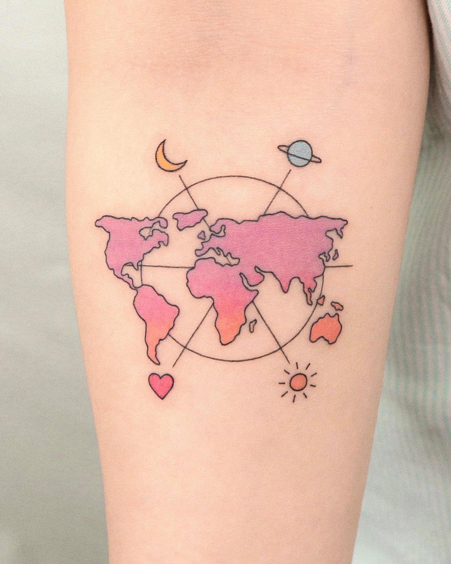 Small World Map Tattoo with Arrow