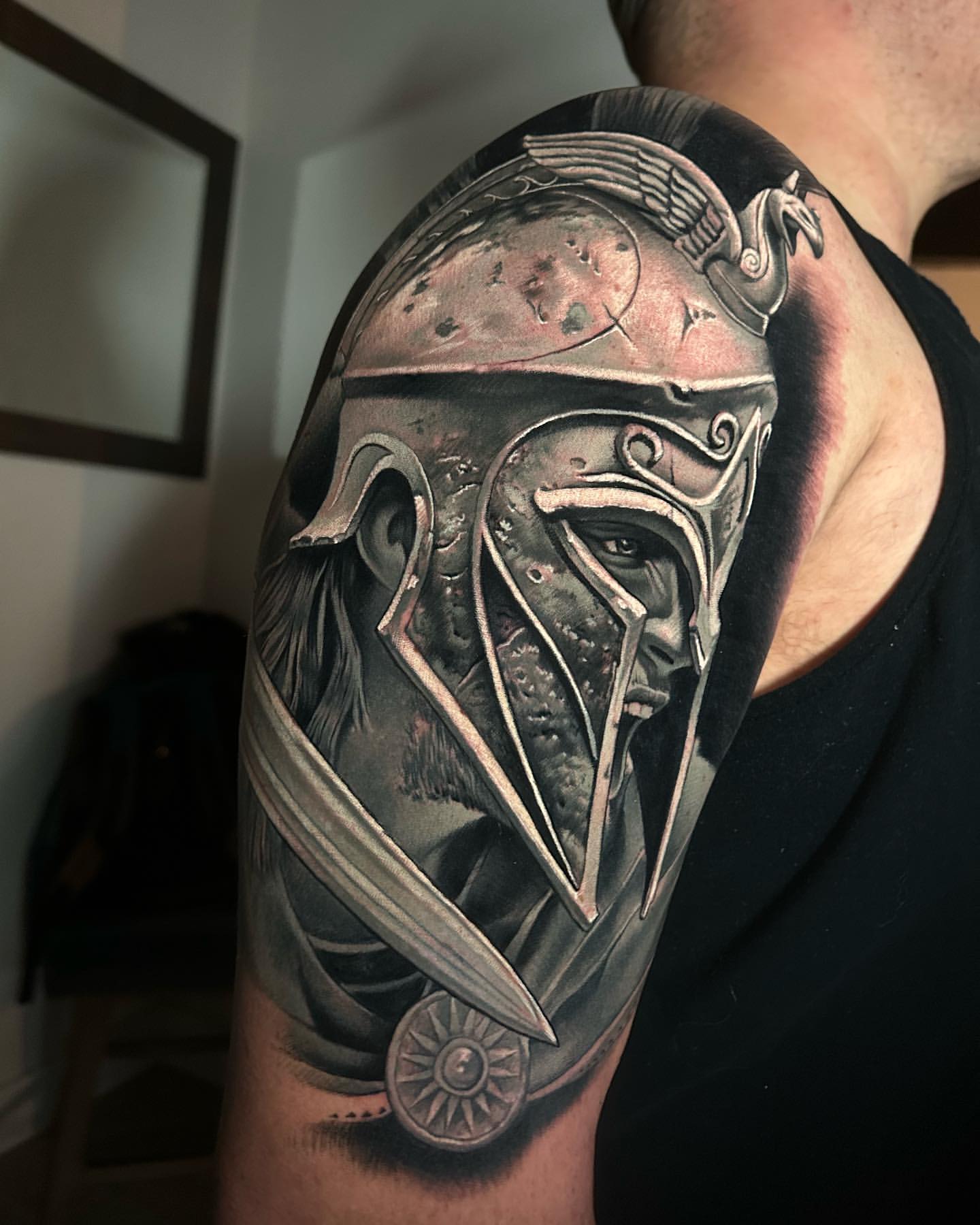Premium Vector | Spartan helmet, crossed swords tattoo
