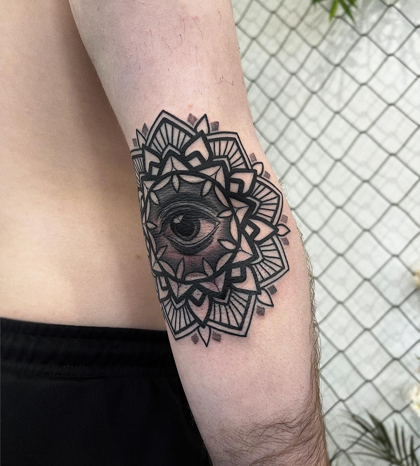 Tattoo uploaded by Tomm Birch • Big ol' inner elbow dotwork mandala skull!!  Blackwork geometric linework • Tattoodo
