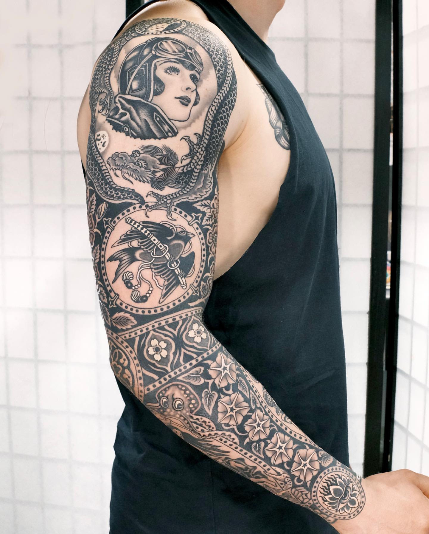 Large Black Skull Ax Temporary Tattoo Realistic Moon Snake Sleeve